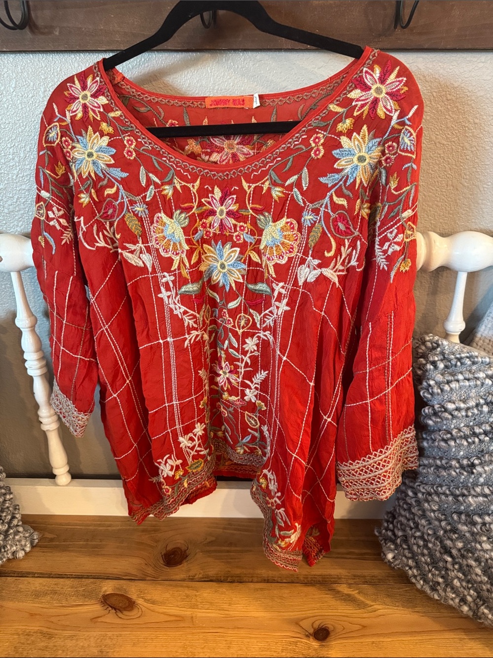 Johnny Was EUC Red Embroidered Floral Boho Tunic